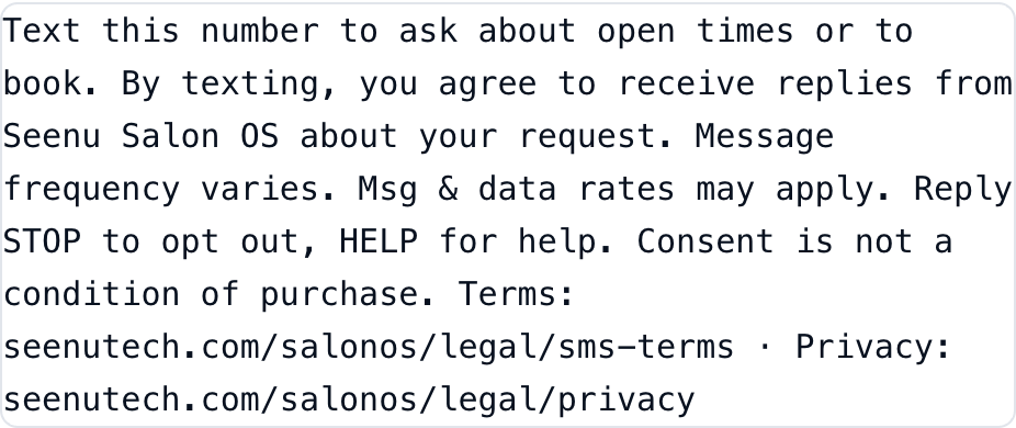 The SMS consent notice as it is published next to the salon's phone number