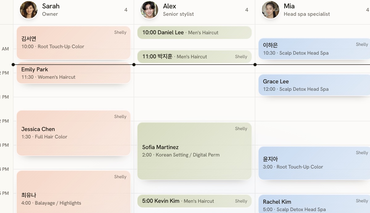 Today's schedule with Shelly's bookings marked