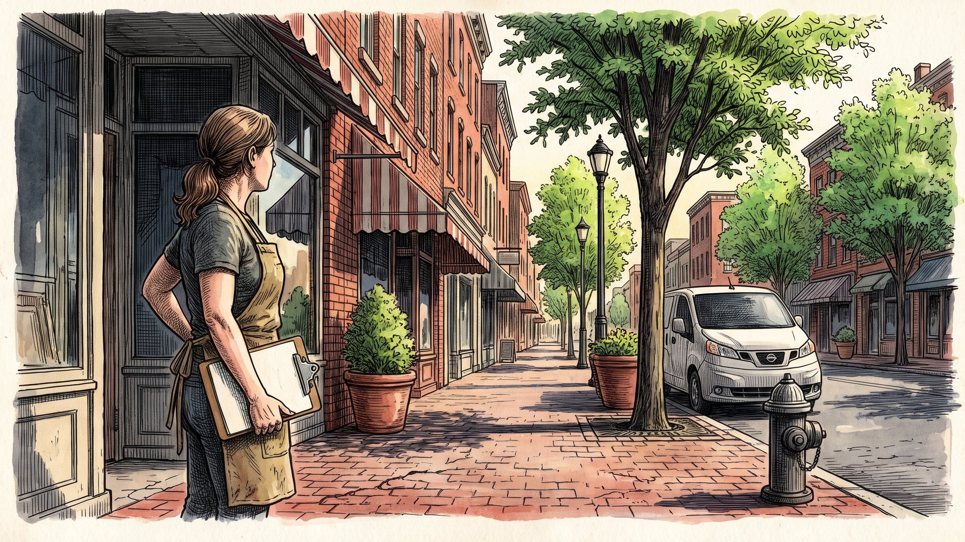 A shop owner standing outside her storefront, looking down the block toward the next stretch of local businesses