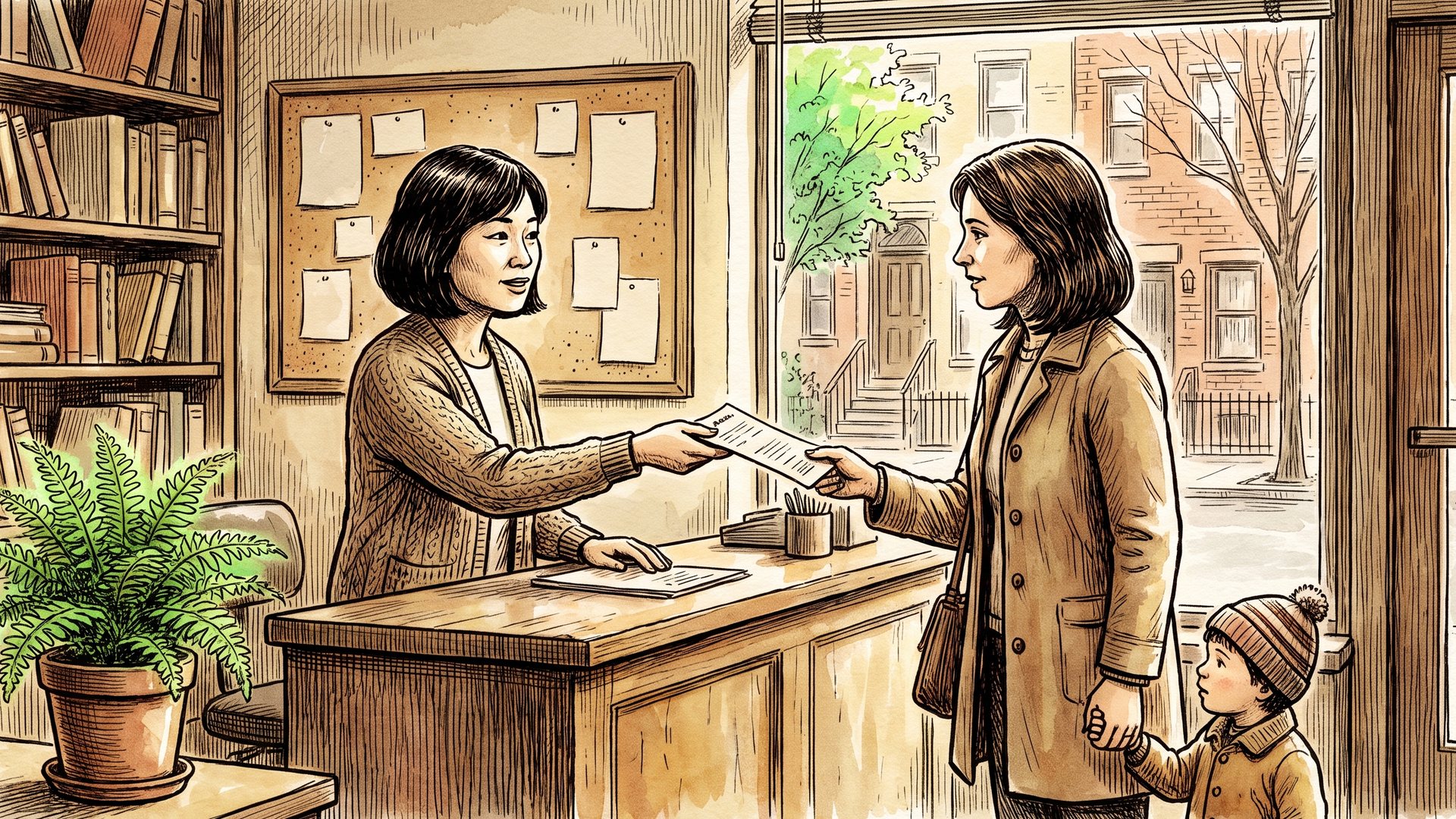 A staff member at a neighborhood academy handing a printed program sheet to a parent