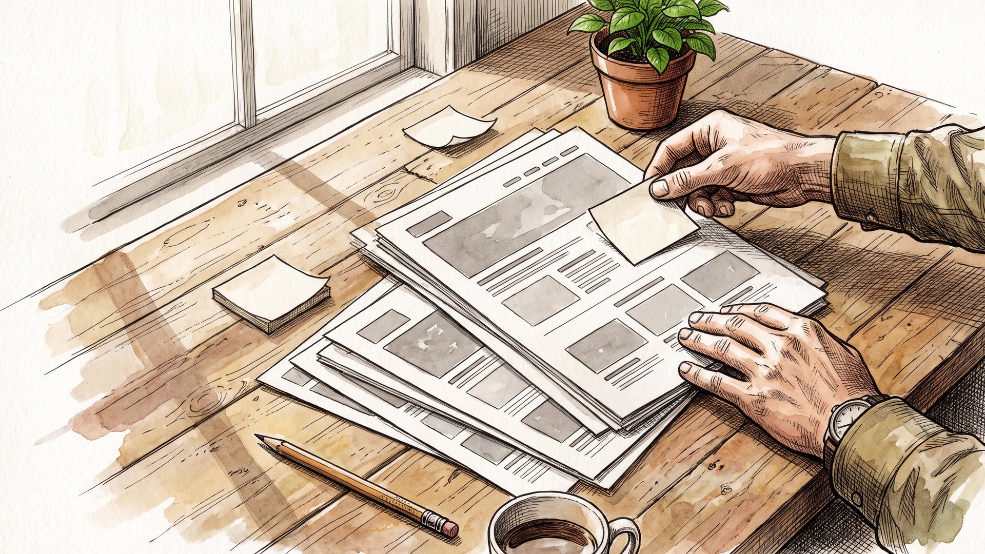 Printed website pages laid out on a table in priority order with sticky notes