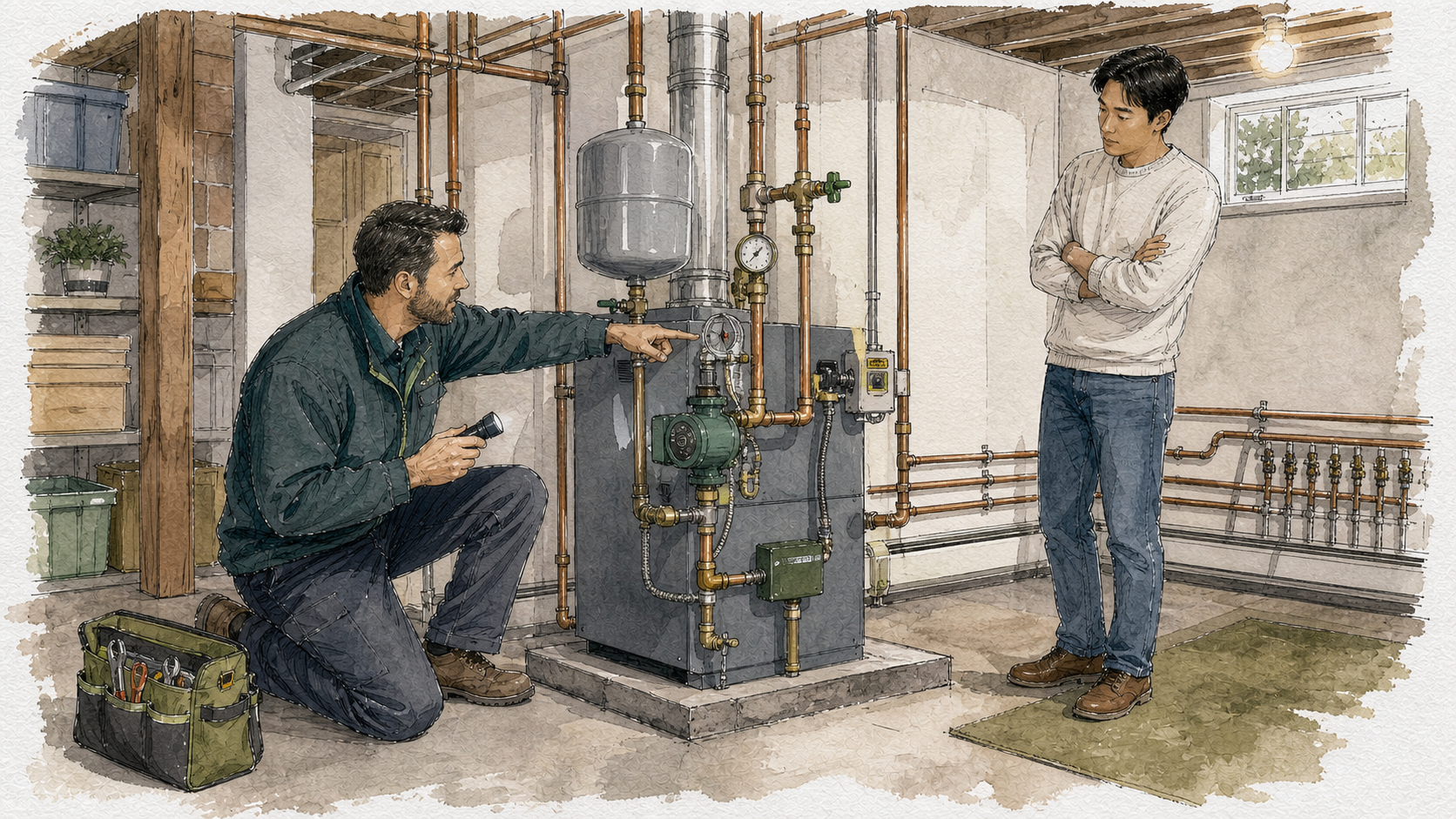 A home-service technician explaining components on an older hot-water boiler