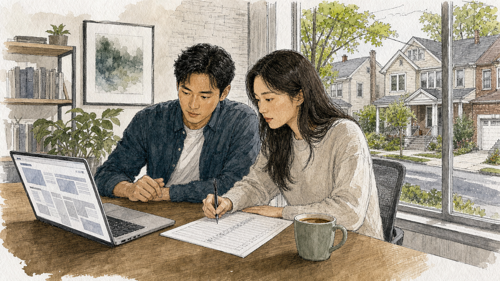 Two editors reviewing local home-service pages and marking a research grid