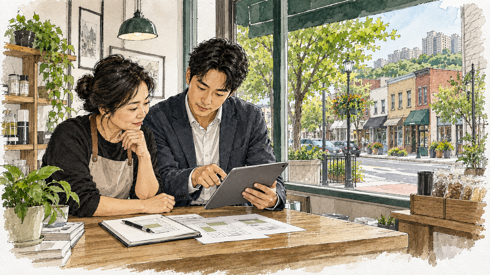 Local business operators reviewing English and Korean information outside a storefront