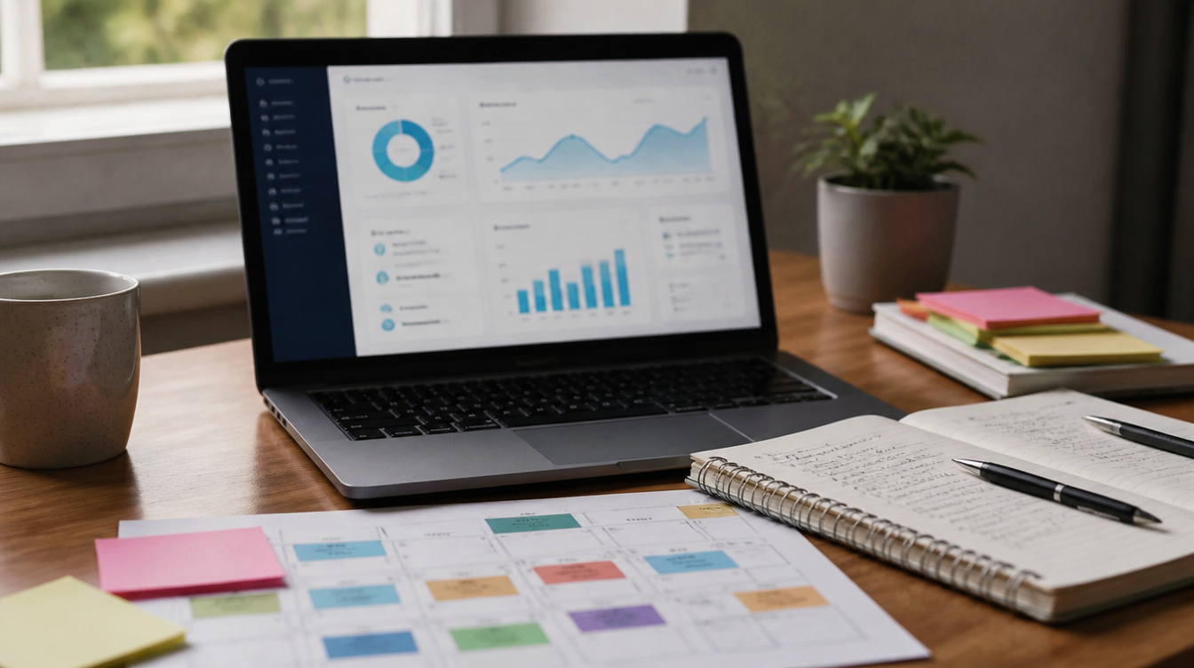 A content calendar planning desk with laptop, notebook, and sticky notes