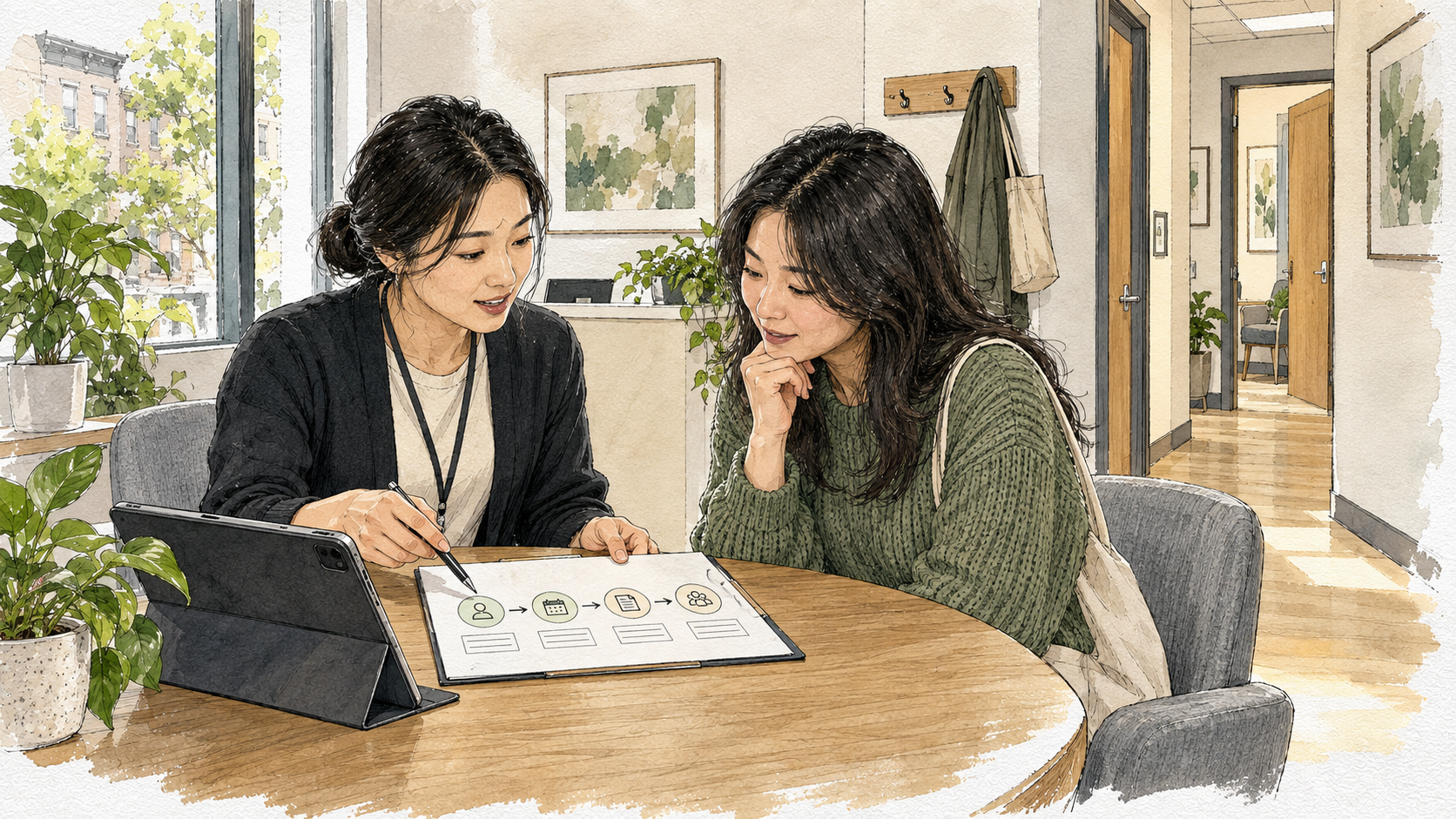 Staff reviewing Korean service information during a customer handoff