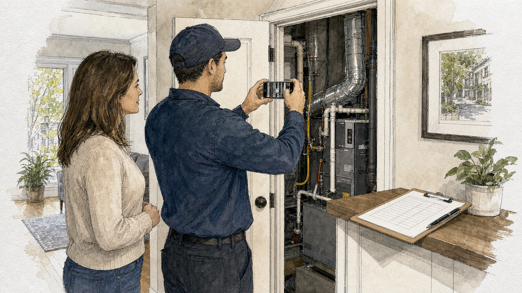 A technician documenting completed mechanical work while a homeowner observes
