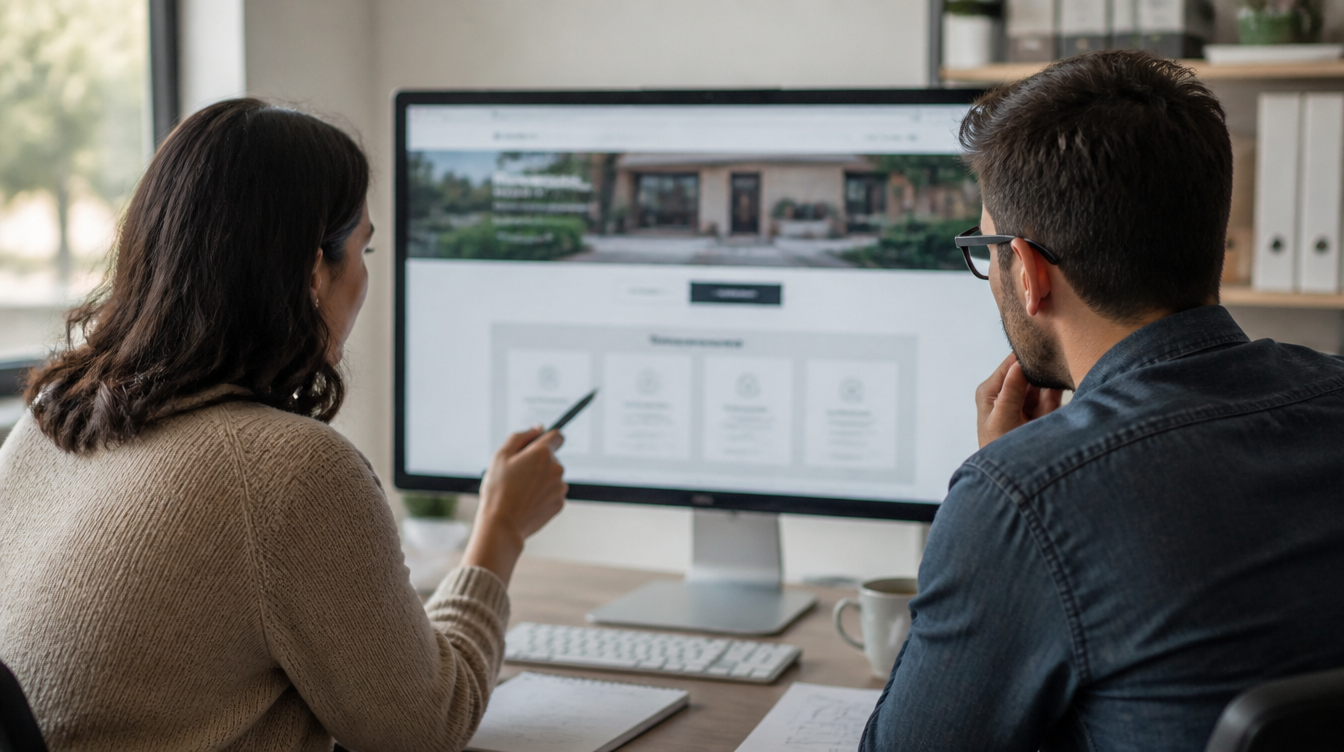 Two operators reviewing a local service business website on a large monitor