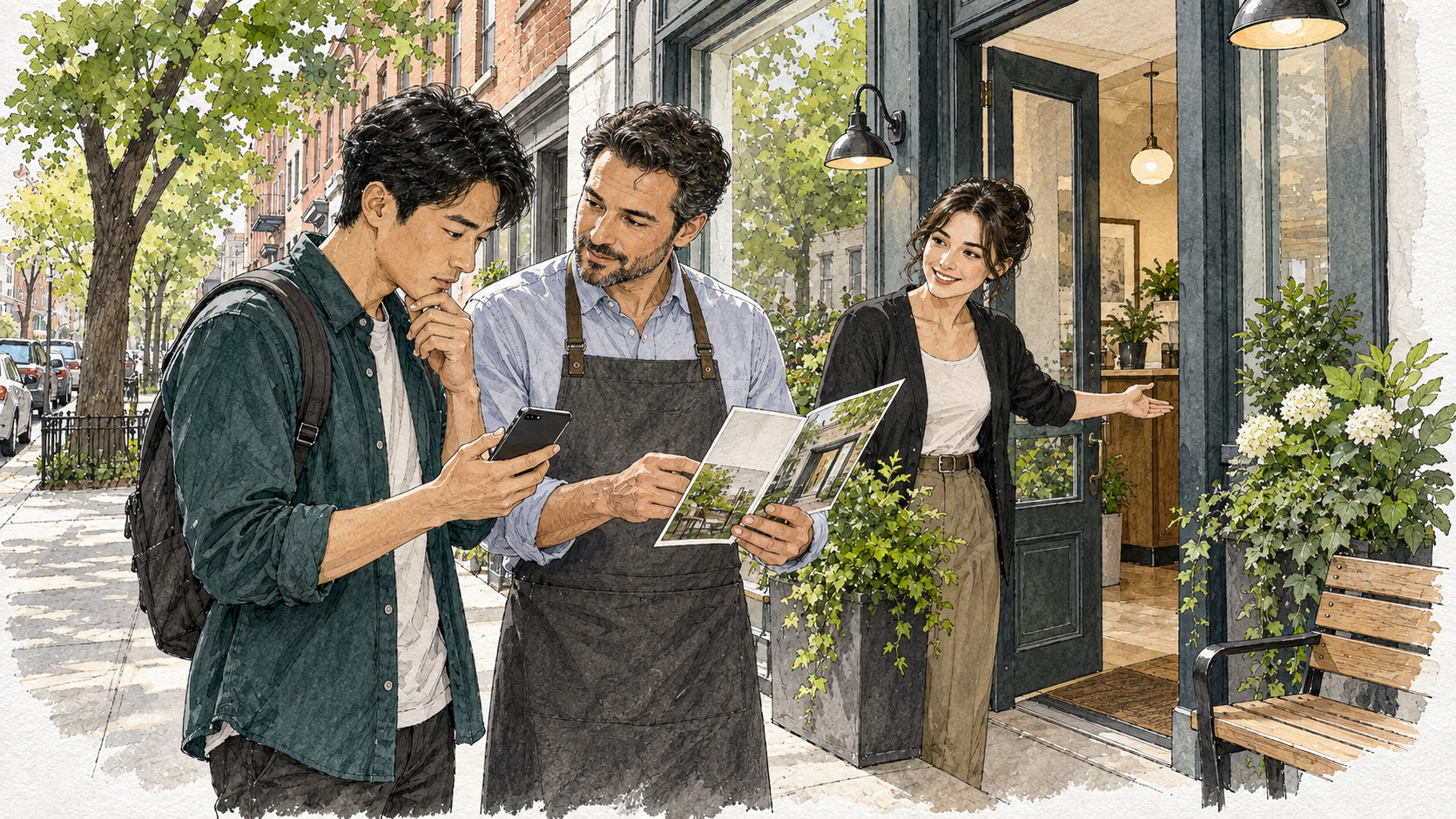 A local buyer comparing a phone screen and brochure before entering a storefront