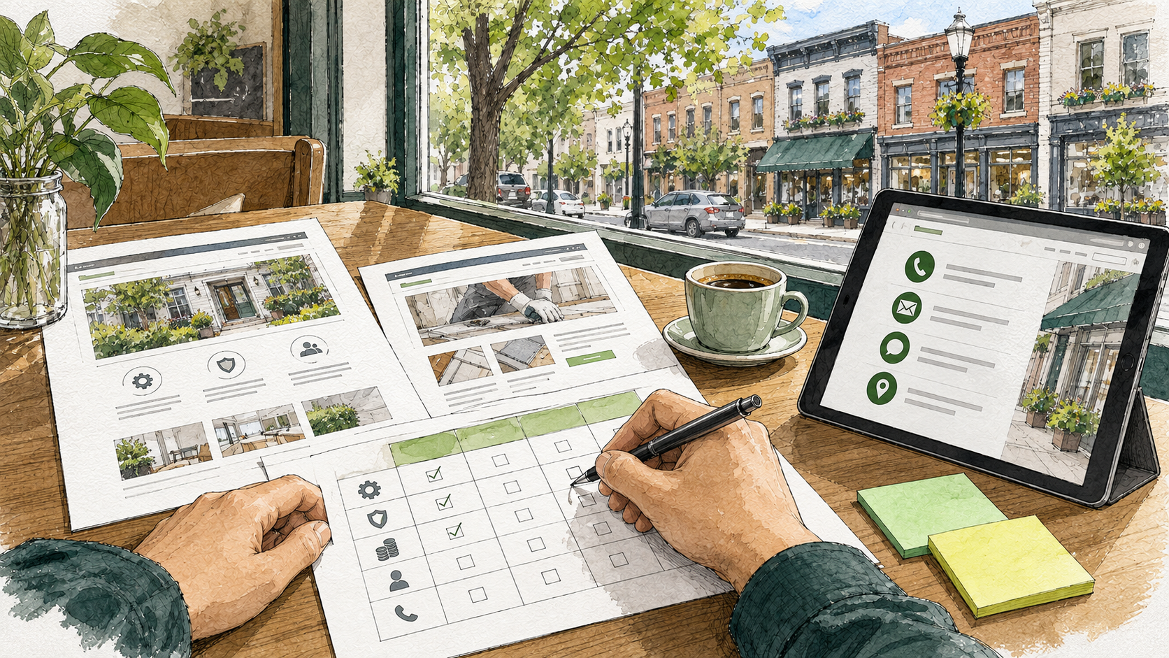 A page review grid on a cafe table with service and contact pages open nearby
