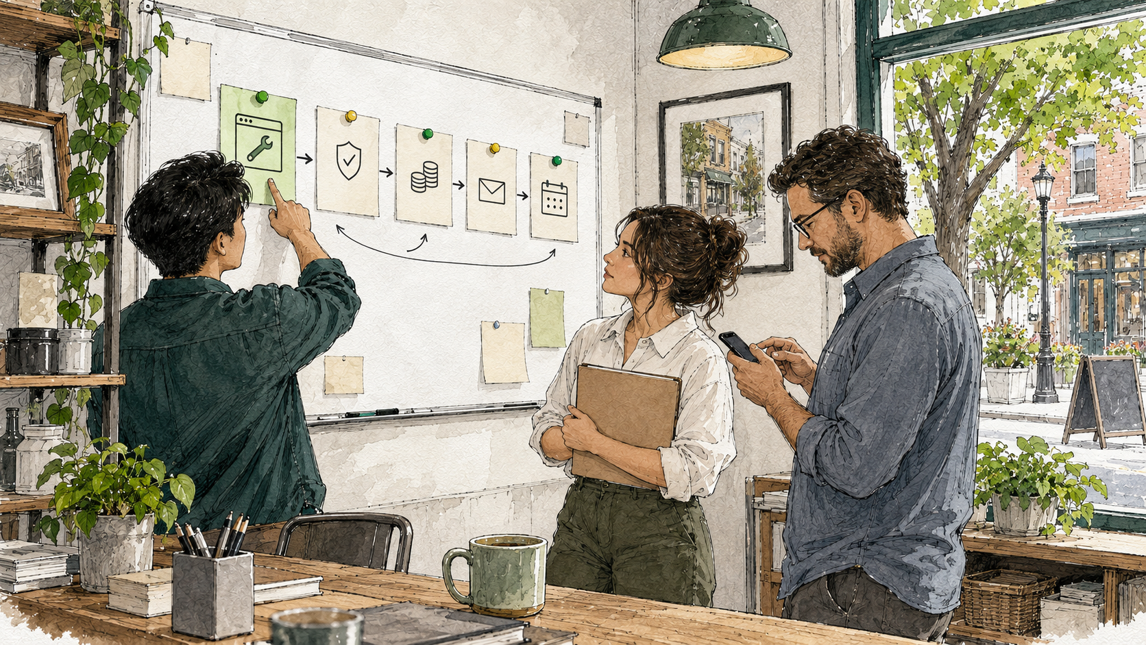 A small business team arranging blank priority cards on a planning board