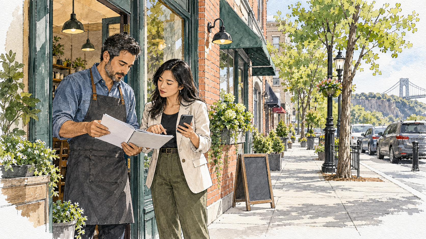 A local business owner and marketing specialist reviewing website notes outside a Fort Lee storefront