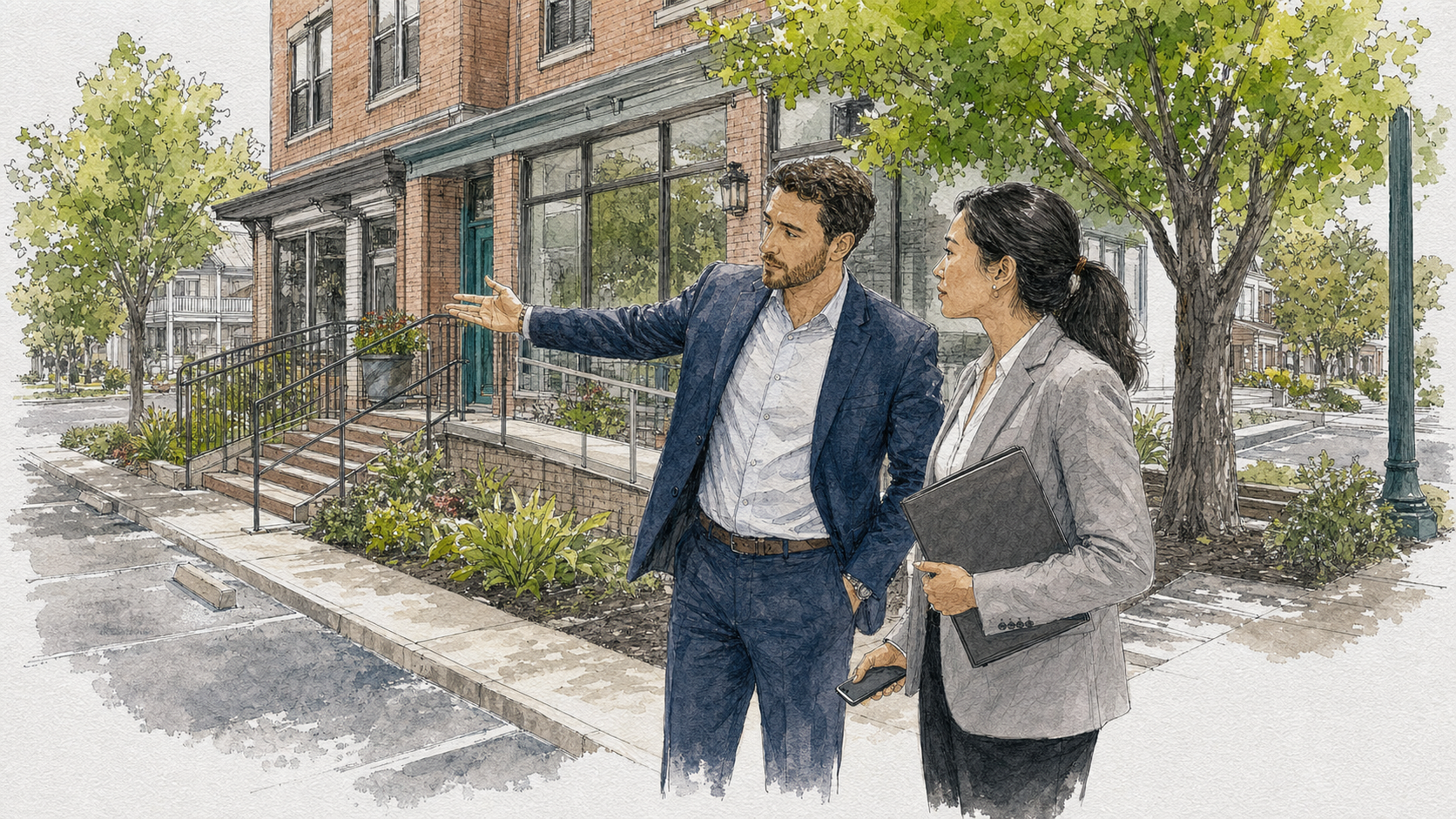 A commercial real estate broker and medical practice administrator inspecting a local office entrance