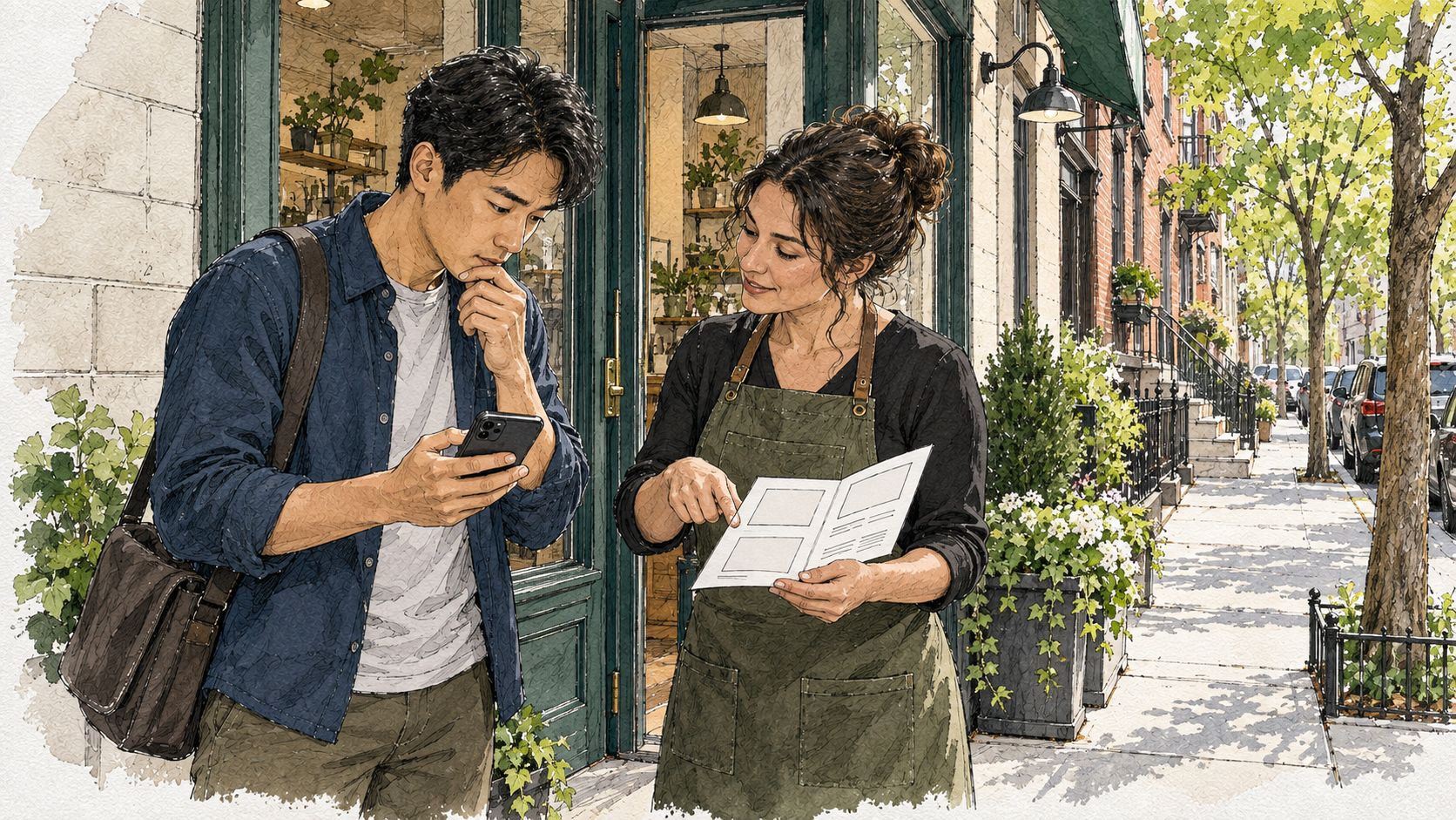 A local buyer and business owner reviewing a simple brochure outside a storefront
