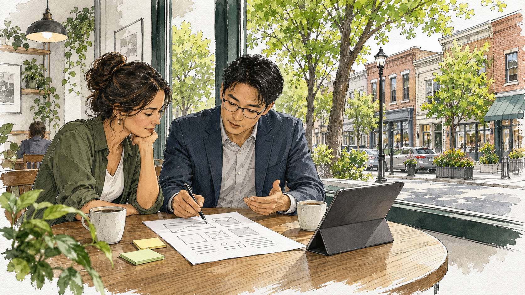 A local business owner and consultant reviewing a service-page outline near a Bergen County storefront