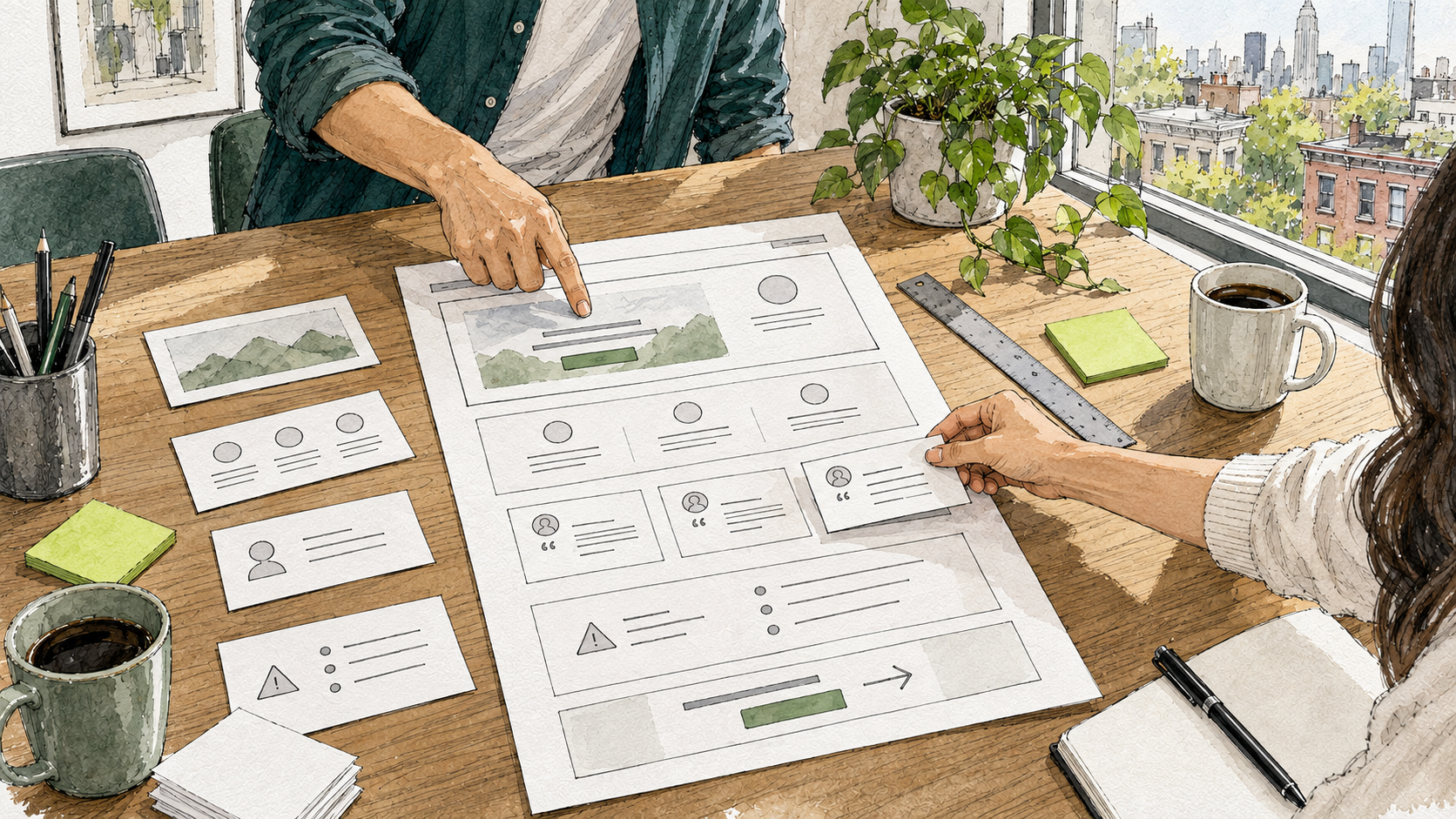 A table with blank service-page wireframes, section cards, and review notes