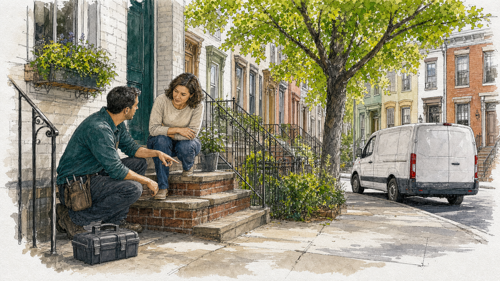 A local service professional discussing a home repair with a homeowner outside a Bergen County house