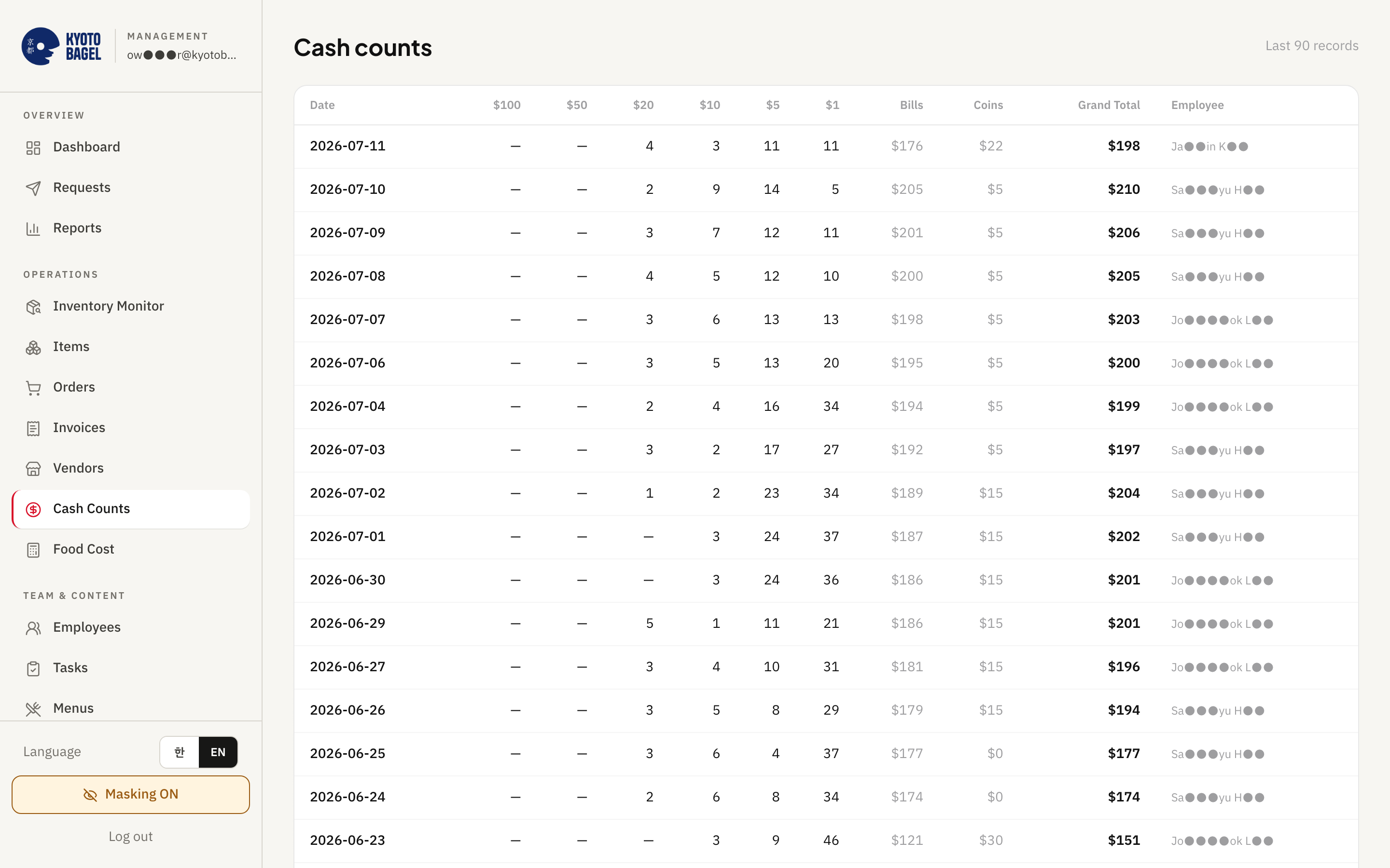 Seenu Store Ops owner dashboard - Cash counts