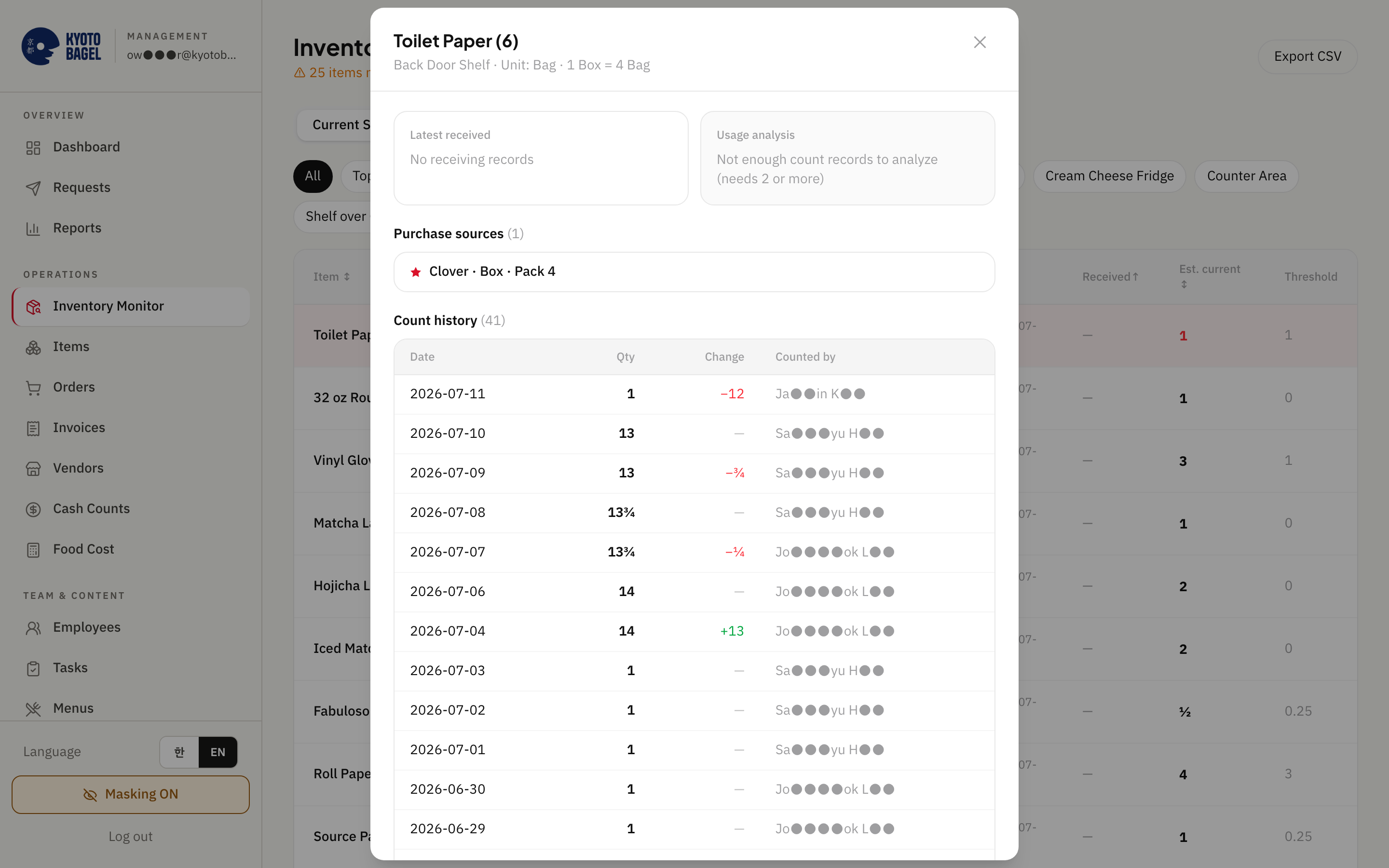 Seenu Store Ops owner dashboard - Item history