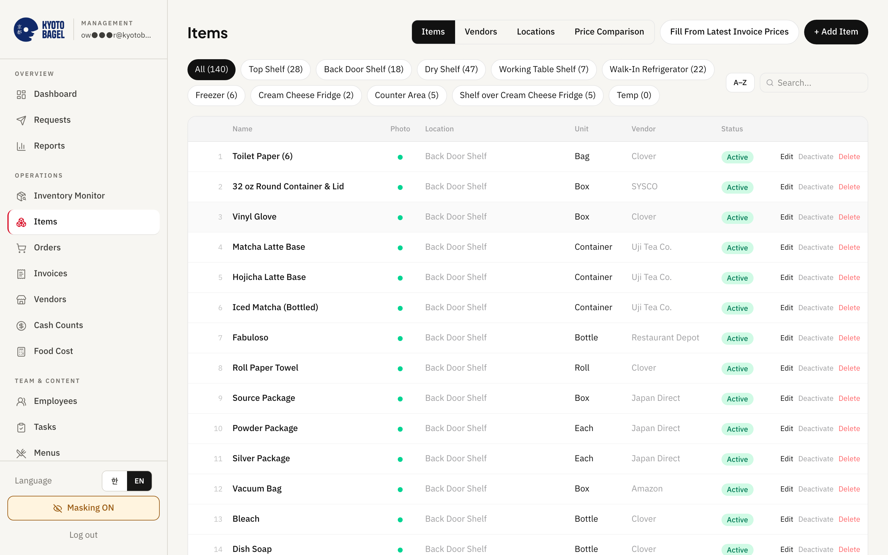 Seenu Store Ops owner dashboard - Items